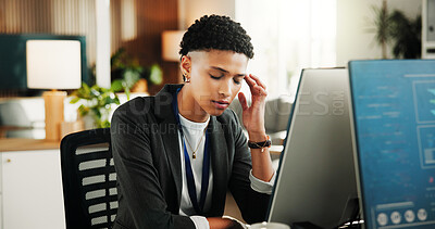 Buy stock photo Tired, woman and programmer with headache in office for overworked, pressure or strain. Frustrated, female person or coder with migraine, pain or sore ache on computer for mistake or program error