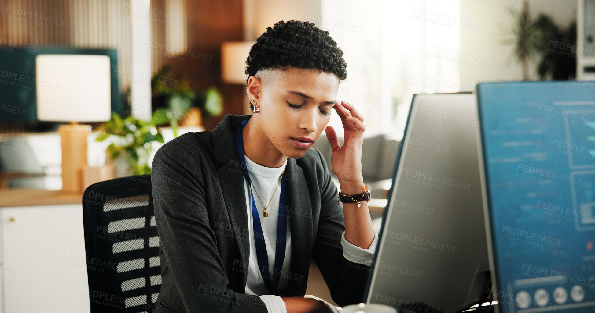 Buy stock photo Tired, woman and programmer with headache in office for overworked, pressure or strain. Frustrated, female person or coder with migraine, pain or sore ache on computer for mistake or program error