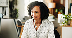 Review, blog or journalist in office with computer, draft edit or source feedback for article. Reading, woman or copywriter in newsroom with tech, fact check or industry research for publication.