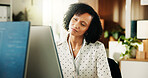 Woman, computer and happy with review at office for software development, notes or insight at tech company. Person, programmer and smile with glasses, coding and problem solving at startup IT agency