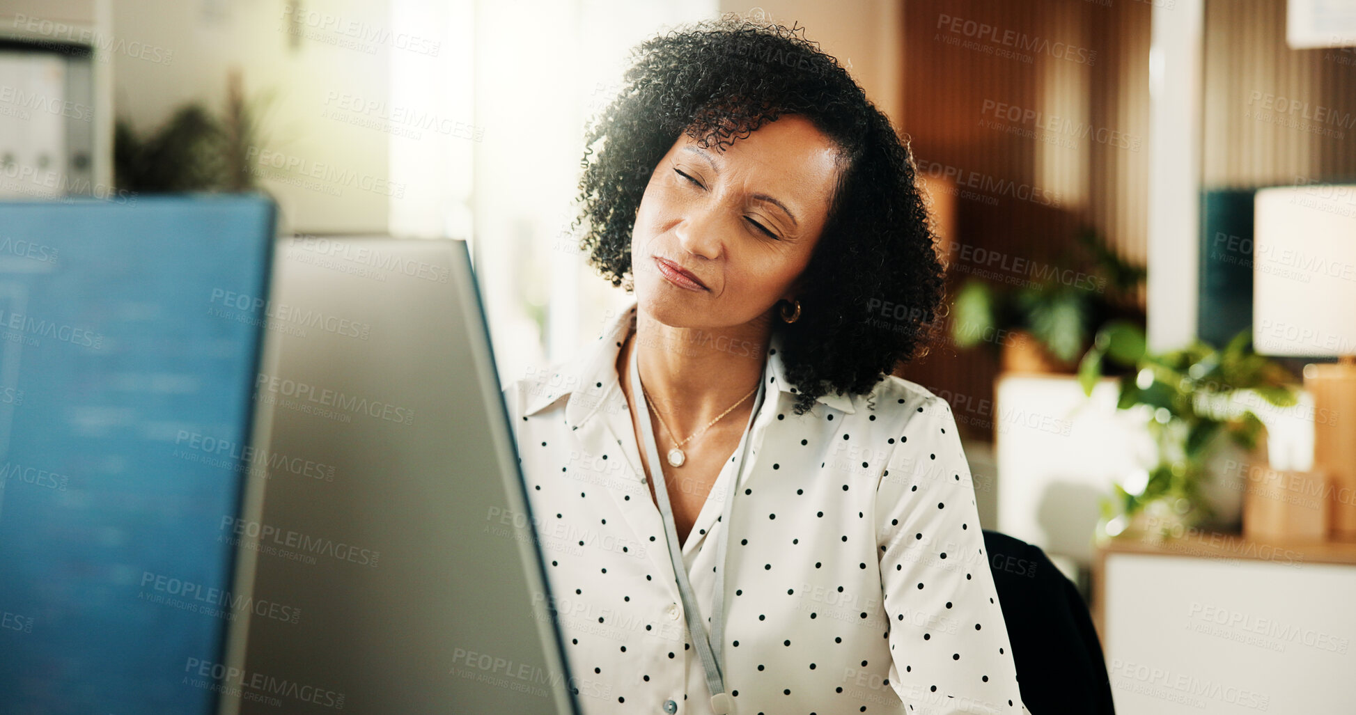 Buy stock photo Woman, computer and happy with review at office for software development, notes or insight at tech company. Person, programmer and smile with project, coding and problem solving at startup IT agency