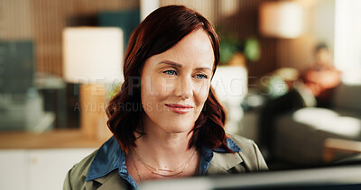 Buy stock photo Woman, computer and happy with insight at office for software development, notes or review at tech company. Person, programmer and smile with solution, coding and problem solving at startup IT agency