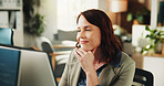 Reading, online and happy woman with computer in office, programmer and research for project on web. Review, code and person with tech for software development, confident and cybersecurity update