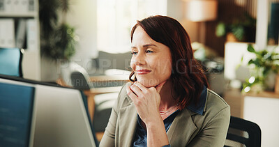 Buy stock photo Reading, online and happy woman with computer in office, programmer and research for project on web. Review, code and person with tech for software development, confident and cybersecurity update