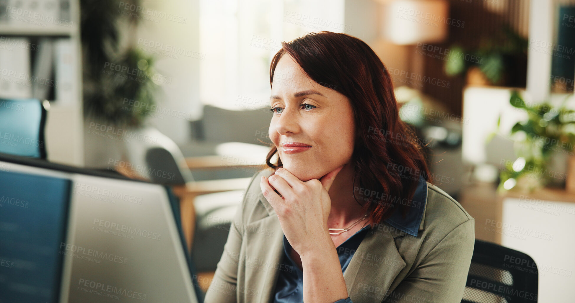 Buy stock photo Reading, online and happy woman with computer in office, programmer and research for project on web. Review, code and person with tech for software development, confident and cybersecurity update