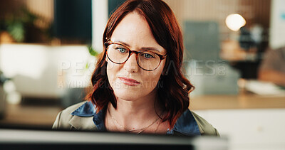 Buy stock photo Woman, computer and review with insight at office for software development, notes or glasses at tech company. Person, programmer and pc for solution, coding or problem solving at startup IT agency