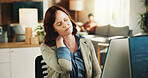 Frustrated, woman and neck pain with stress in office for overworked, pressure or strain. Tired, female person or employee with muscle tension, inflammation or discomfort for bad posture or fatigue