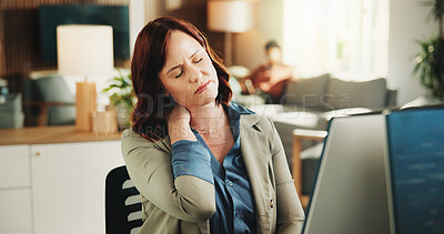 Buy stock photo Frustrated, woman and neck pain with stress in office for overworked, pressure or strain. Tired, female person or employee with muscle tension, inflammation or discomfort for bad posture or fatigue