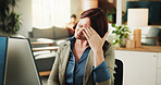 Frustrated, woman and headache with stress in office for overworked, pressure or strain. Tired, female person or employee with migraine, pain or sore ache for mistake, fatigue or burnout in workplace