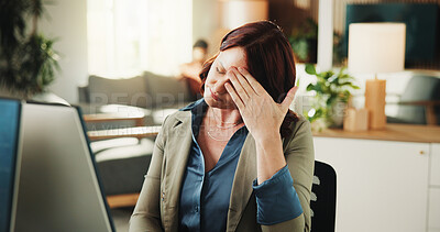 Buy stock photo Frustrated, woman and headache with stress in office for overworked, pressure or strain. Tired, female person or employee with migraine, pain or sore ache for mistake, fatigue or burnout in workplace