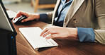 Hands, computer and programmer at office with typing, glasses and review report for coding at company. Person, tech and IT developer with software engineer, proposal or feedback for project at agency