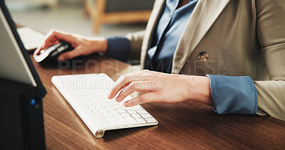 Buy stock photo Hands, computer and programmer at office with typing, glasses and review report for coding at company. Person, tech and IT developer with software engineer, proposal or feedback for project at agency