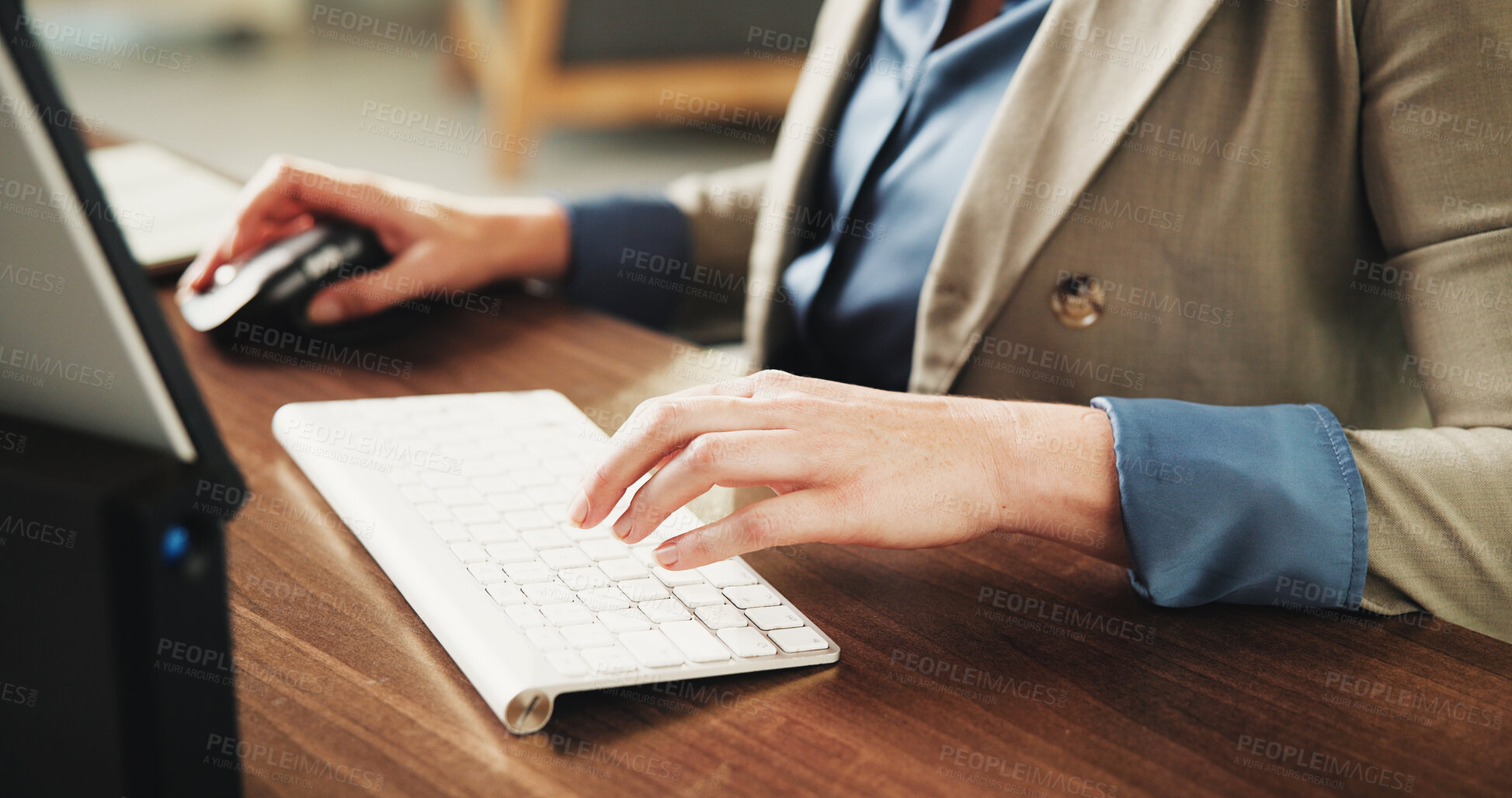 Buy stock photo Hands, computer and programmer at office with typing, glasses and review report for coding at company. Person, tech and IT developer with software engineer, proposal or feedback for project at agency