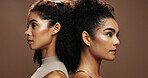 Profile, women and skincare in studio with makeup, collagen or antiaging benefits for beauty aesthetic. People, cosmetics and dermatology for glowing skin, wellness and self care on brown background.