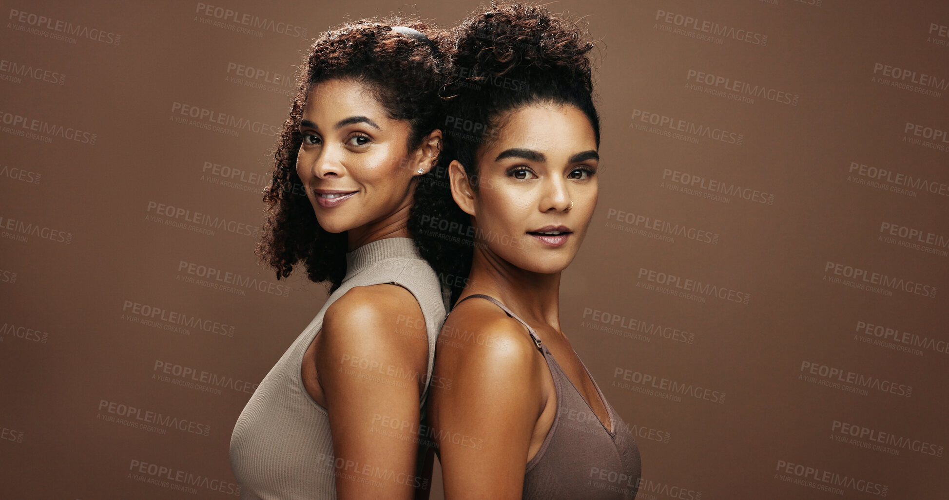 Buy stock photo Portrait, skincare and women with smile in studio, natural beauty and self care together for wellness. Dermatology, friends and happy people with support for glowing skin, space and brown background