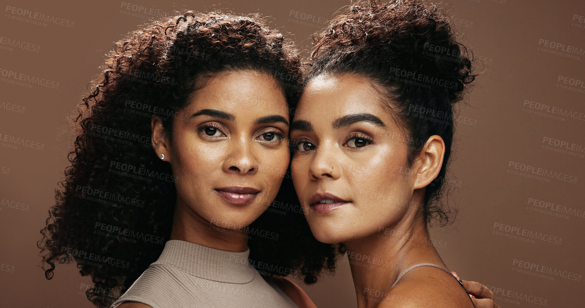 Buy stock photo Portrait, skincare and women with confidence in studio, natural cosmetics and support for wellness glow. Dermatology, friends and people with self care for facial shine, beauty and brown background
