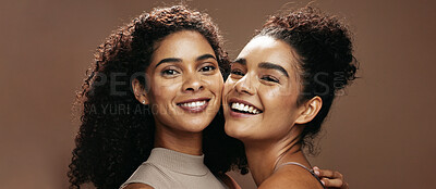 Buy stock photo Portrait, women and happy in studio with skincare, bonding together and makeup for beauty aesthetic. Friends, banner and confident with glowing skin, cosmetics and dermatology on brown background.
