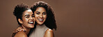Portrait, skincare and happy women in studio with hug, bonding together or makeup for beauty aesthetic. Banner, friends smile or embrace with dermatology, wellness or mockup space on brown background