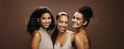 Buy stock photo Portrait, skincare and happy women in studio with beauty, bonding together and cosmetics for makeup. Space, female friends and smile with glowing skin, dermatology and community on brown background.
