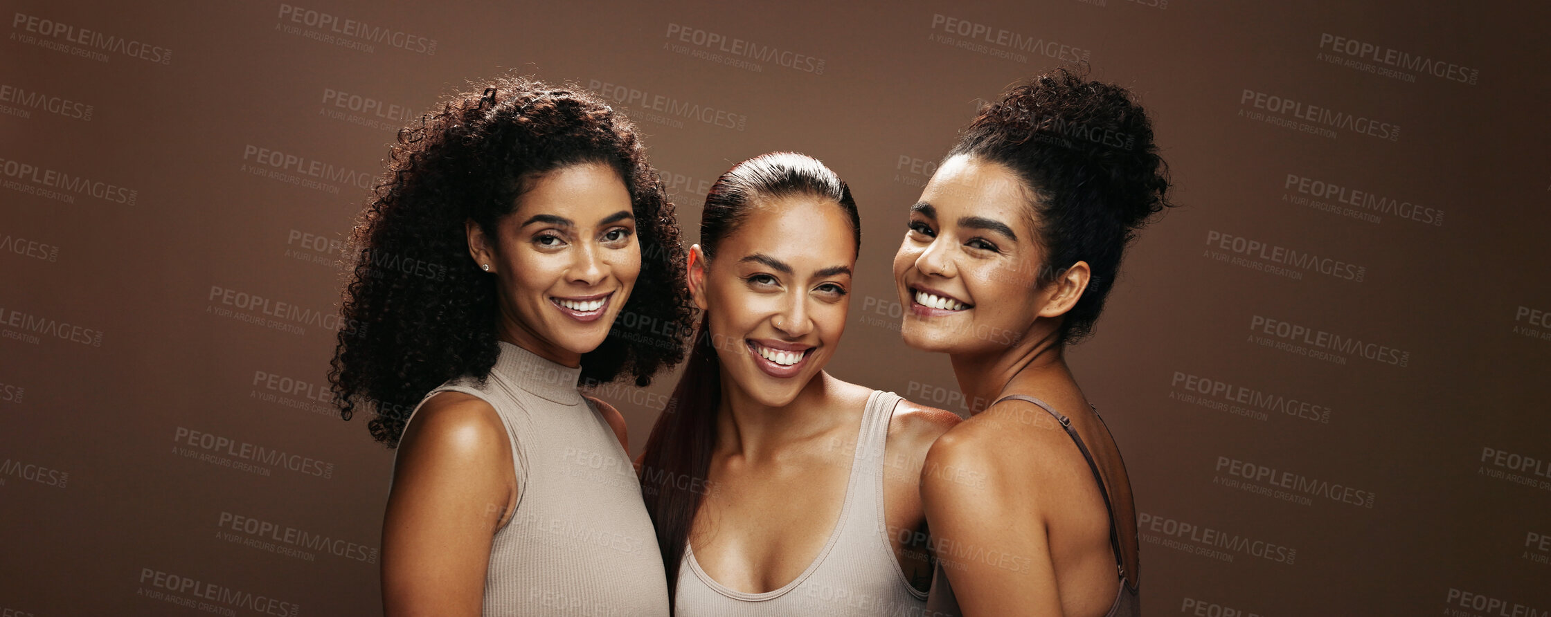 Buy stock photo Portrait, skincare and happy women in studio with beauty, bonding together and cosmetics for makeup. Space, female friends and smile with glowing skin, dermatology and community on brown background.