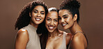 Portrait, hug and women with makeup for beauty, confident and self care with cosmetics for wellness. Studio background, sisters and people with smile for skincare, embrace and dermatology in Brazil