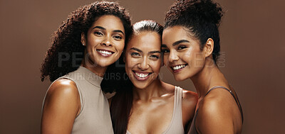 Buy stock photo Portrait, hug and women with makeup for beauty, confident and self care with cosmetics for wellness. Studio background, sisters and people with smile for skincare, embrace and dermatology in Brazil