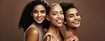 Portrait, happiness and women with makeup for glow, banner or self care with cosmetics for wellness. Studio background, mockup space and people with smile for skincare, hug and dermatology in Brazil