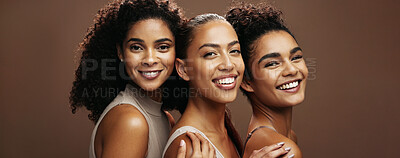 Buy stock photo Portrait, happiness and women with makeup for glow, banner or self care with cosmetics for wellness. Studio background, mockup space and people with smile for skincare, hug and dermatology in Brazil