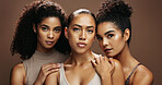 Portrait, group or friends with skincare in studio, natural cosmetics or confident for self care together. Dermatology, wellness or women with support for glowing skin, beauty or brown background