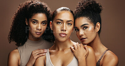 Buy stock photo Portrait, group or friends with skincare in studio, natural cosmetics or confident for self care together. Dermatology, wellness or women with support for glowing skin, beauty or brown background