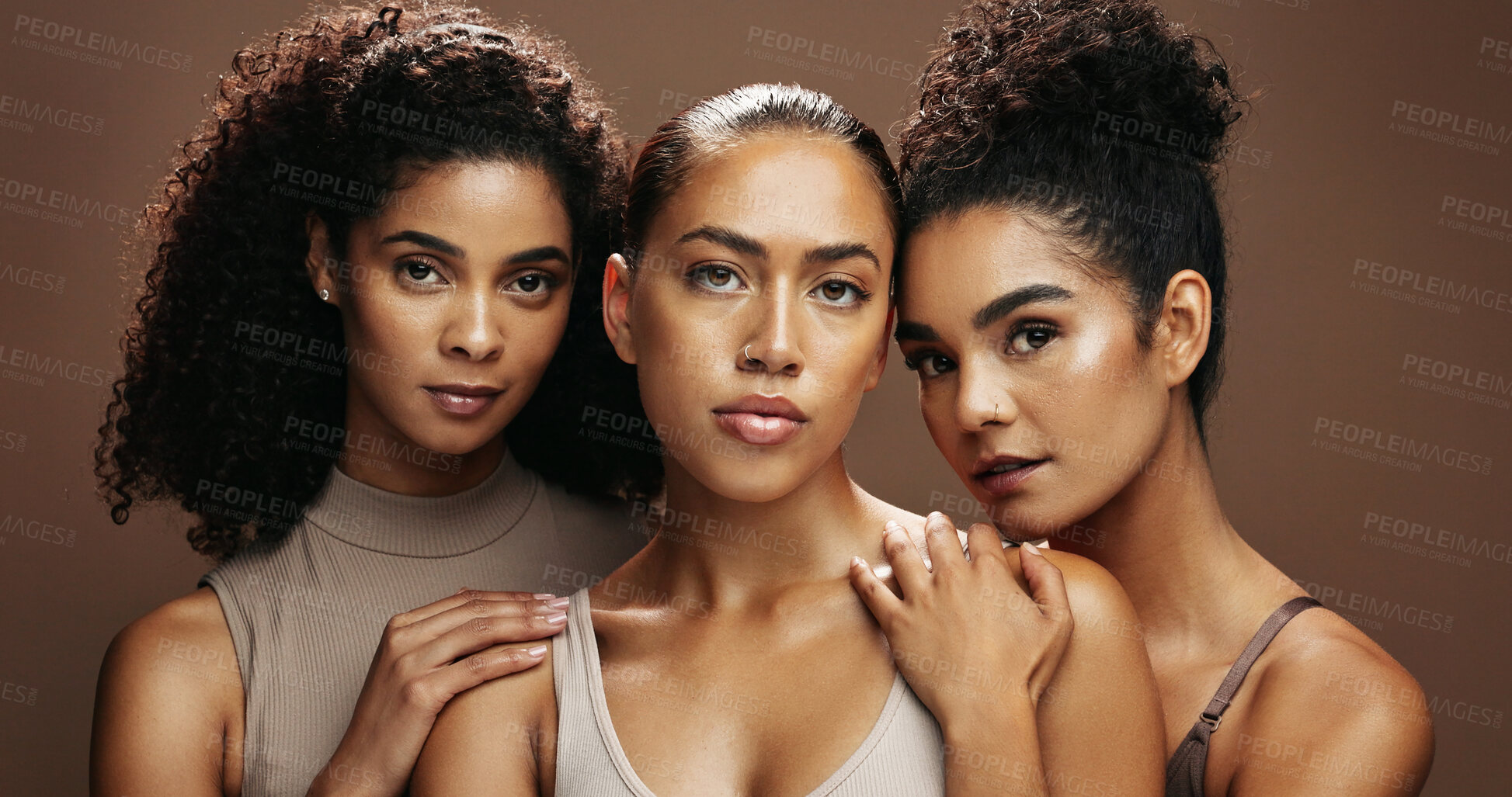 Buy stock photo Portrait, group or friends with skincare in studio, natural cosmetics or confident for self care together. Dermatology, wellness or women with support for glowing skin, beauty or brown background