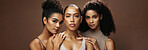 Portrait, women and serious with makeup in studio for beauty, natural glow and inclusion. Confident, people and friends with banner, facial cosmetics and solidarity for aesthetic on brown background