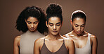 Skincare, beauty and women on brown background for cosmetics, makeup and cosmetology for glow. Salon, spa and people with eyes closed for wellness, dermatology or natural texture in studio with shine