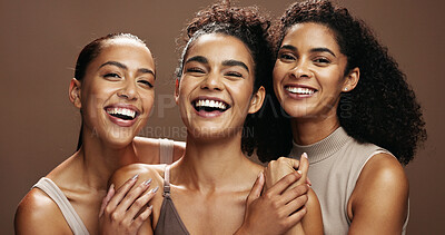 Buy stock photo Laughing, portrait and women with makeup for beauty, group and self care with cosmetics for wellness. Studio background, humor and people with smile for skincare, embrace and dermatology in Brazil