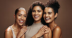 Group, laughing and women with makeup for beauty, portrait or self care with cosmetics for wellness. Studio background, humor and people with smile for skincare, embrace and dermatology in Brazil