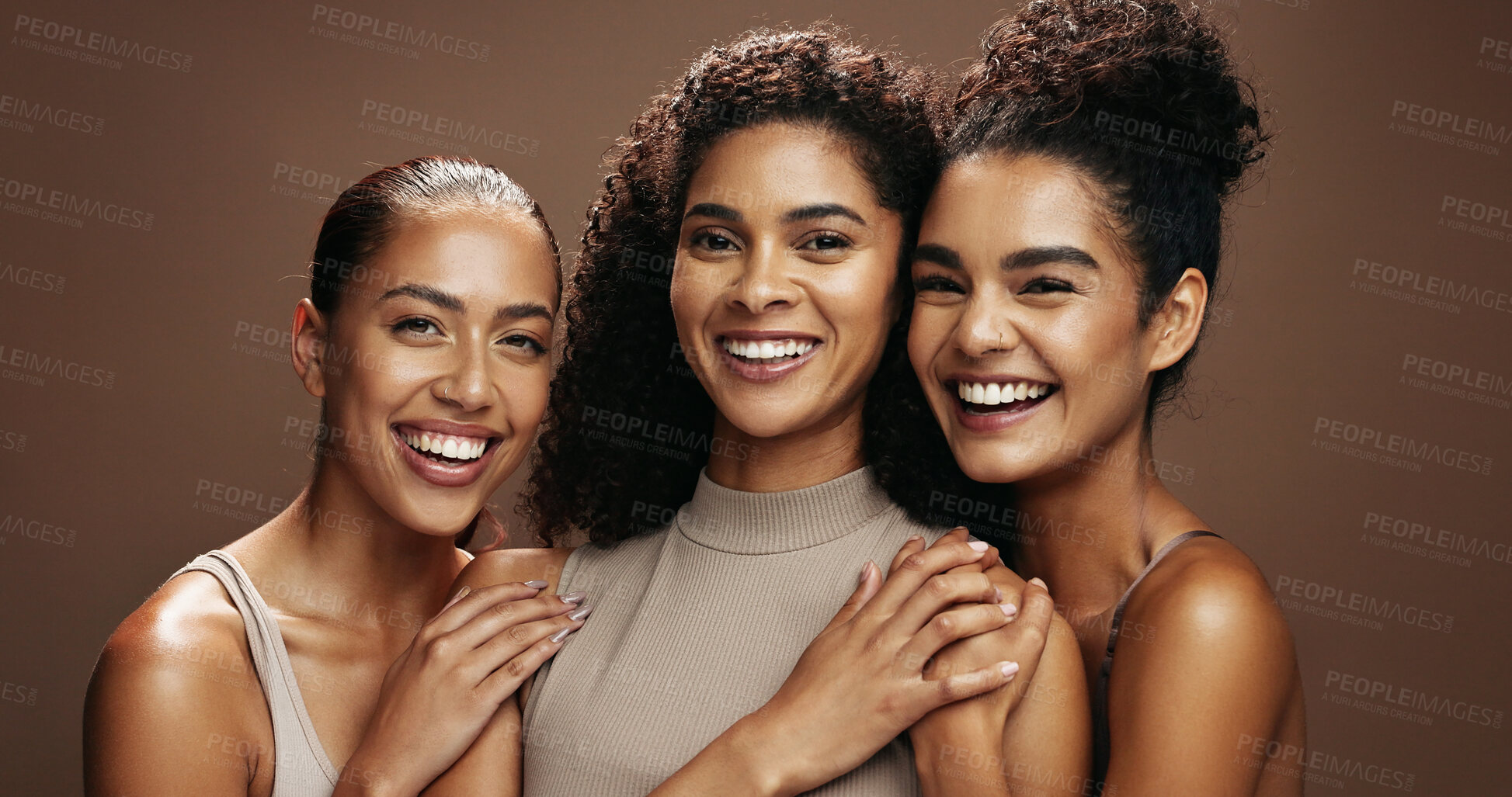 Buy stock photo Group, laughing and women with makeup for beauty, portrait or self care with cosmetics for wellness. Studio background, humor and people with smile for skincare, embrace and dermatology in Brazil