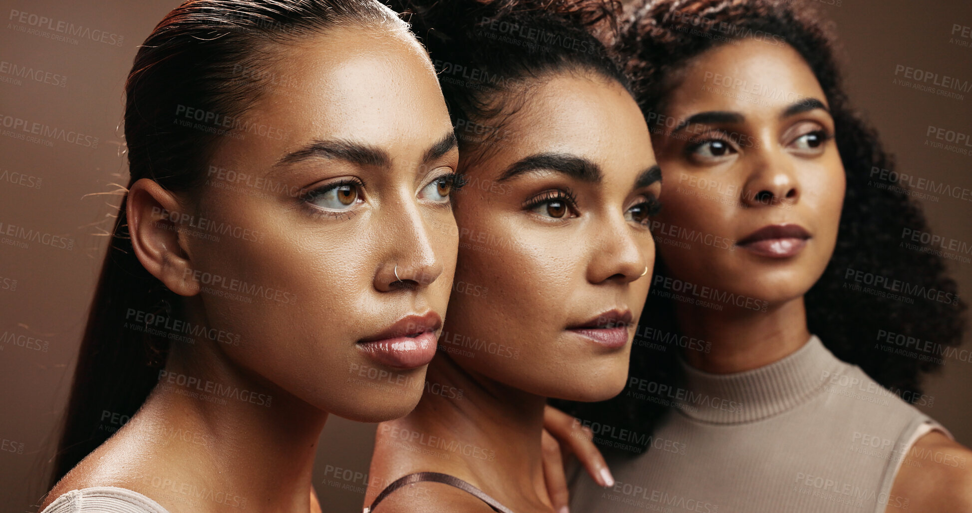 Buy stock photo Women, skincare or thinking with makeup for beauty, spa or salon together on a brown background. Female people, model or glow up in row or line with shine or empowerment for cosmetics or cosmetology
