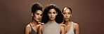 Women, portrait and skincare with confidence on banner for beauty or makeup on a brown background. Female people, model or glow in row with shine or empowerment for cosmetics or cosmetology together