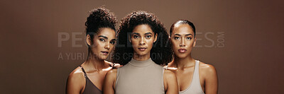 Buy stock photo Women, portrait and skincare with confidence on banner for beauty or makeup on a brown background. Female people, model or glow in row with shine or empowerment for cosmetics or cosmetology together