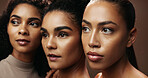 Women, skincare or thinking with beauty for spa, makeup or salon together on a brown background. Female people, model or glow up in row or line with shine or empowerment for cosmetics or cosmetology