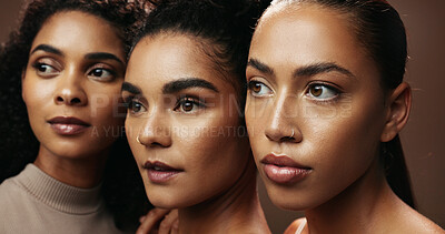 Buy stock photo Women, skincare or thinking with beauty for spa, makeup or salon together on a brown background. Female people, model or glow up in row or line with shine or empowerment for cosmetics or cosmetology