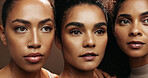 Women, skincare or thinking with beauty in studio for spa, makeup or salon on a brown background. Female people, model or glow up in row or line with shine or empowerment for cosmetics or cosmetology