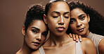Women, skincare or group with makeup in studio for beauty spa or salon on a brown background. Portrait, female people or model with glow up, shine or empowerment for facial or cosmetics together