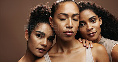 Buy stock photo Women, skincare or group with makeup in studio for beauty spa or salon on a brown background. Portrait, female people or model with glow up, shine or empowerment for facial or cosmetics together