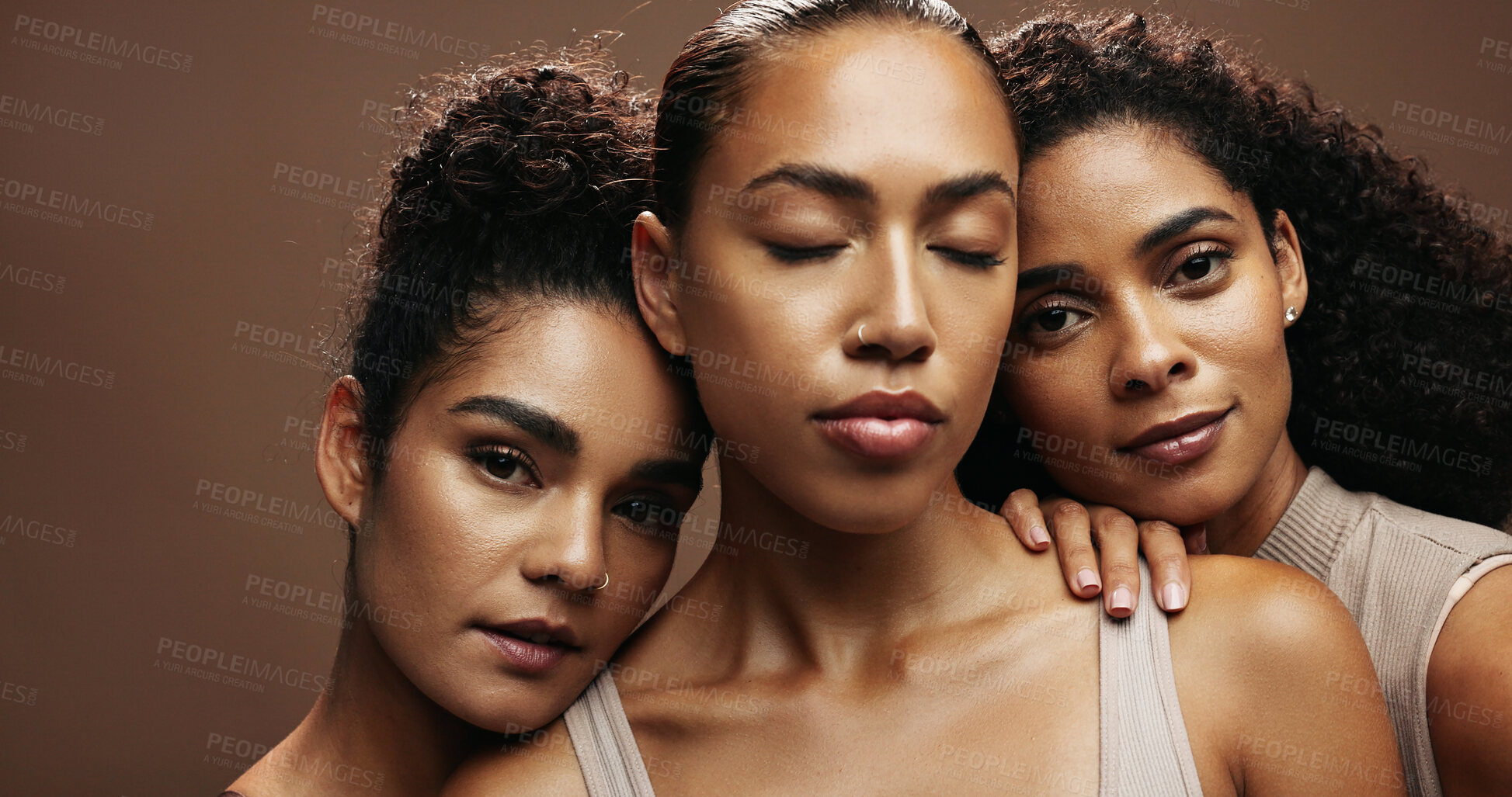 Buy stock photo Women, skincare or group with makeup in studio for beauty spa or salon on a brown background. Portrait, female people or model with glow up, shine or empowerment for facial or cosmetics together