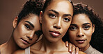 Women, skincare or portrait with makeup in studio for beauty spa or salon on a brown background. Group, female people or model with glow up, shine or empowerment for facial or cosmetics together