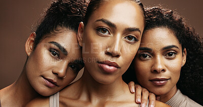 Buy stock photo Women, skincare or portrait with makeup in studio for beauty spa or salon on a brown background. Group, female people or face with glow up, shine or multi skin tone for facial or cosmetics together