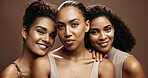 Happy women, skincare or portrait with makeup in studio for beauty spa on a brown background. Group, female people or model with glow up, shine or empowerment for facial salon or cosmetics together