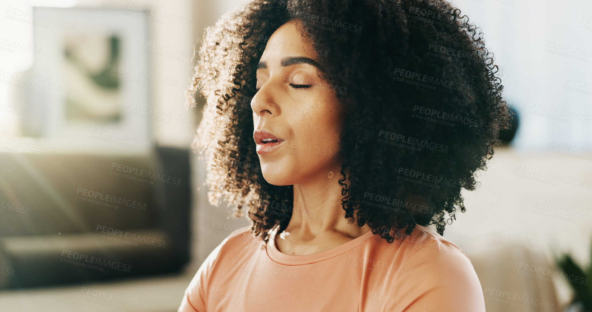 Buy stock photo Morning, breathe and woman in home for meditation, calm and mental wellness to start day. House, reflection and person with breathing exercise for peace, holistic healing and healthy mindset