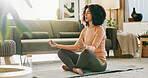 Yoga, lotus pose and woman in home for breathing, balance or wellness in living room. Calm, health and female person with meditation exercise for relax, zen or self care for healing on mat in house.